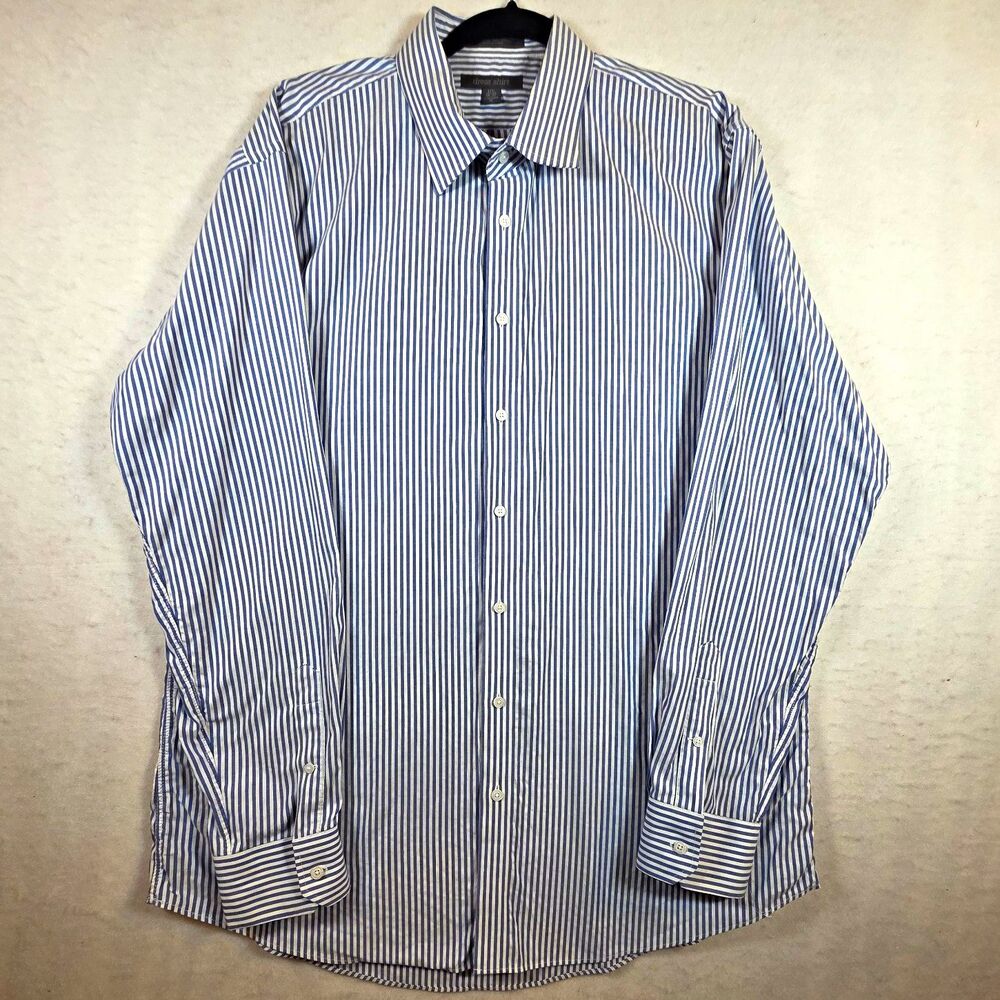 Men's Blue/White Striped 100% Cotton Non-Iron Dress Shirt Traditional 17.5 36/37